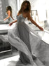 Spaghetti Straps V Neck Tulle Grey Long Prom Dresses With Sequins LBQ1705